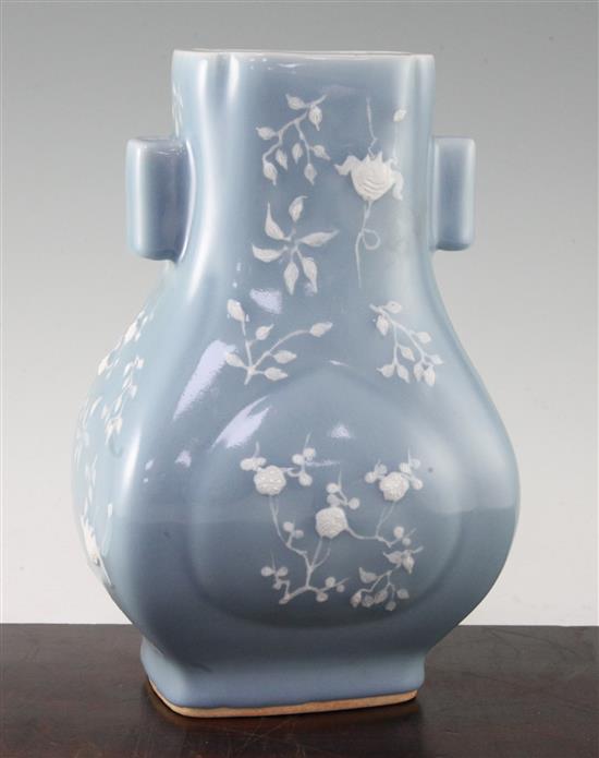 A Chinese Clair de Lune glazed Fanghu shaped vase, Qianlong seal mark but later, 27.5cm